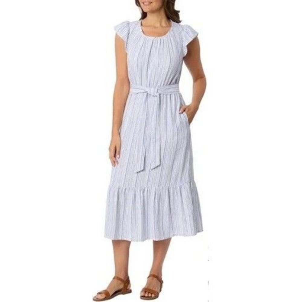 Briggs Women's Tiered Linen Blend Dress Blue Stripe NWT